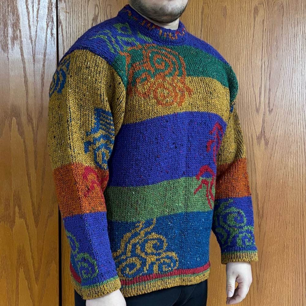 Fair Isle and Intarsia Double Knit Irish Sweater - 💯 Pure New Wool - Irish made